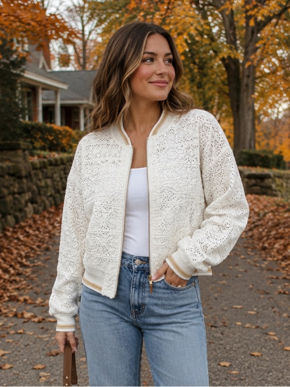 Chelsea & Theodore Cream Lace Bomber Jacket with Gold-Trim